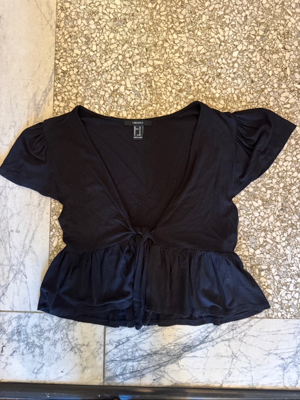 Forever 21 Black Tie-Front Peplum Top with Short Sleeves